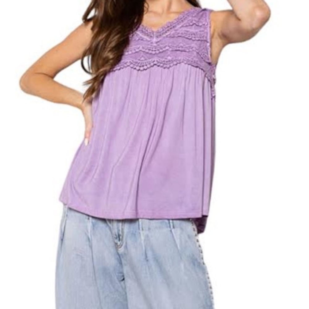 POL Lavender Crochet Yoke Tank Top